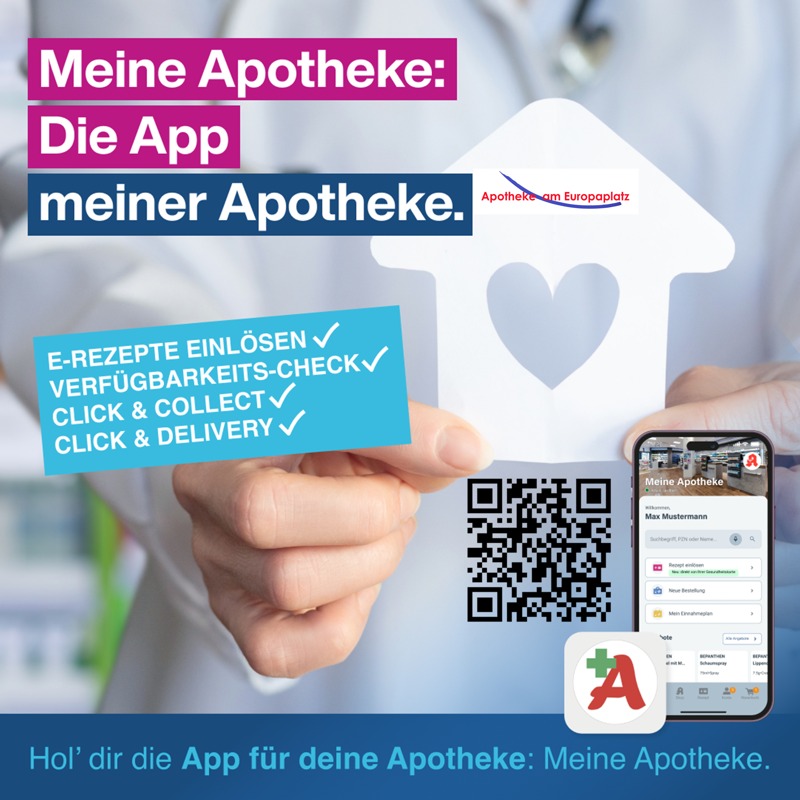 Werbegrafik der Apotheke am Europaplatz Siegburg zur Meine Apotheke App mit QR-Code zum Herunterladen und Informationen zur digitalen Medikamentenvorbestellung.